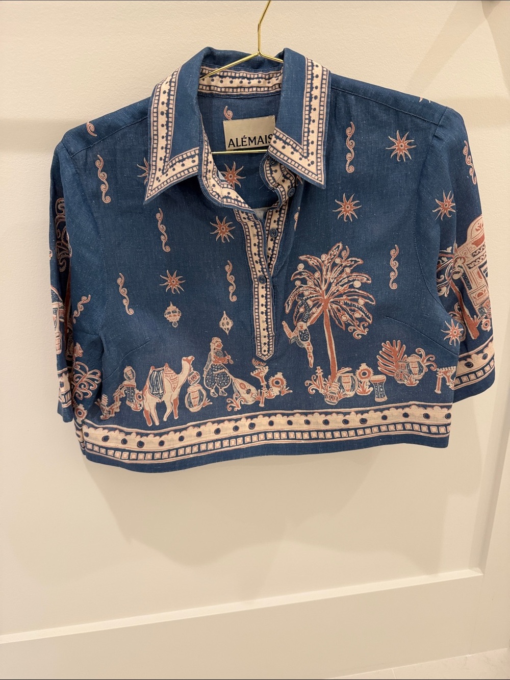 Alemais Navy Blue Short-Sleeve Polo with Pink-Beige Scenic Print women